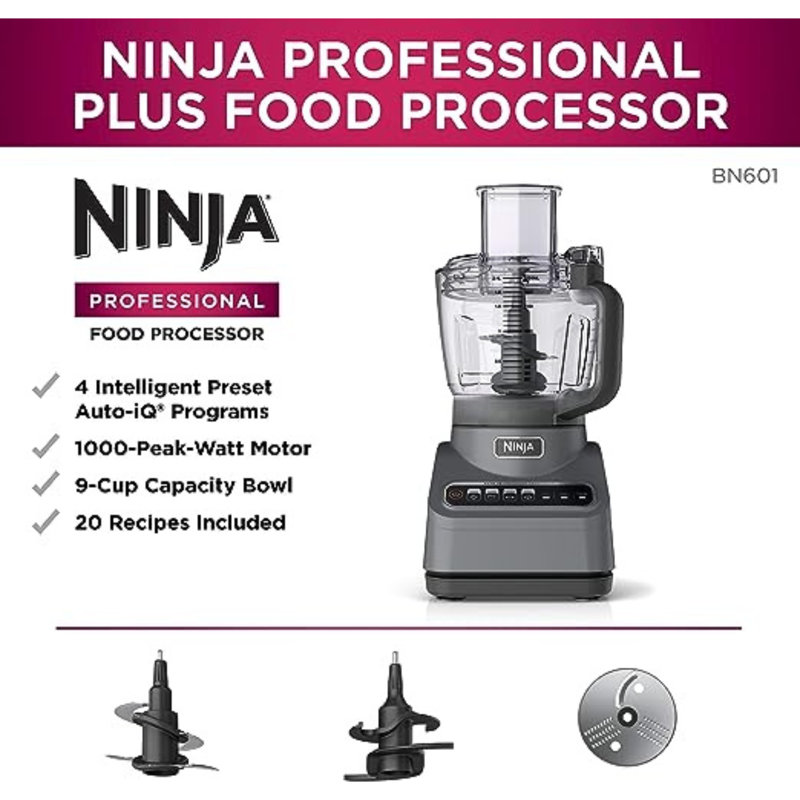 Ninja Food Processor Professional Plus 1000 Peak Watts 4 Functions for Chopping Slicing Purees Dough with 9 Cup Processor Bowl 3 Blades Food Chute Pusher Silver Reviews Wayfair